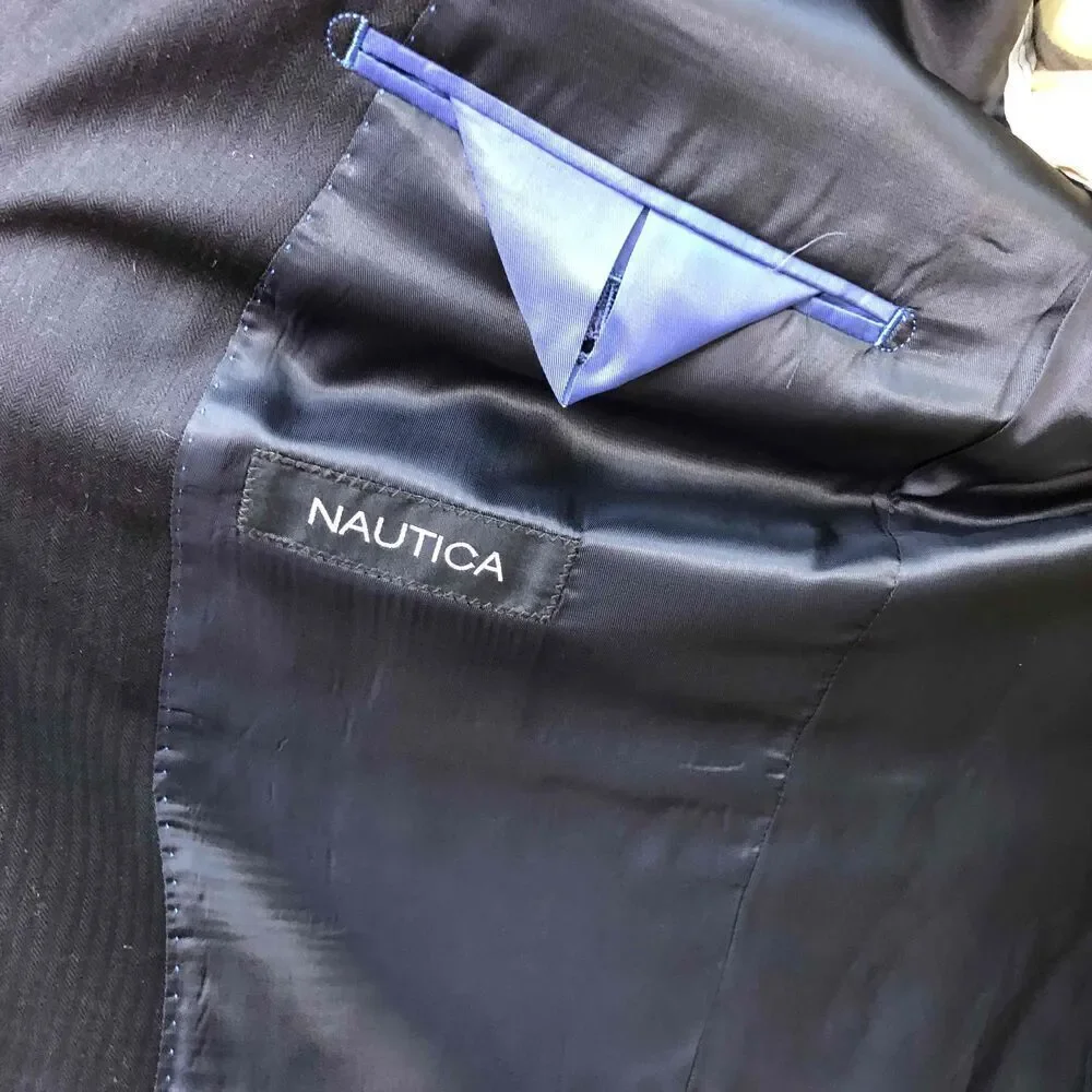 Nautica Mens Black Pinstripe Blazer Jacket 100% Wool Notched Lapel 42R